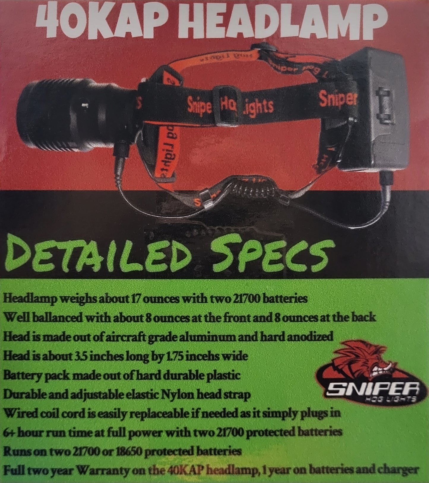 40KAP Headlamp W/White light